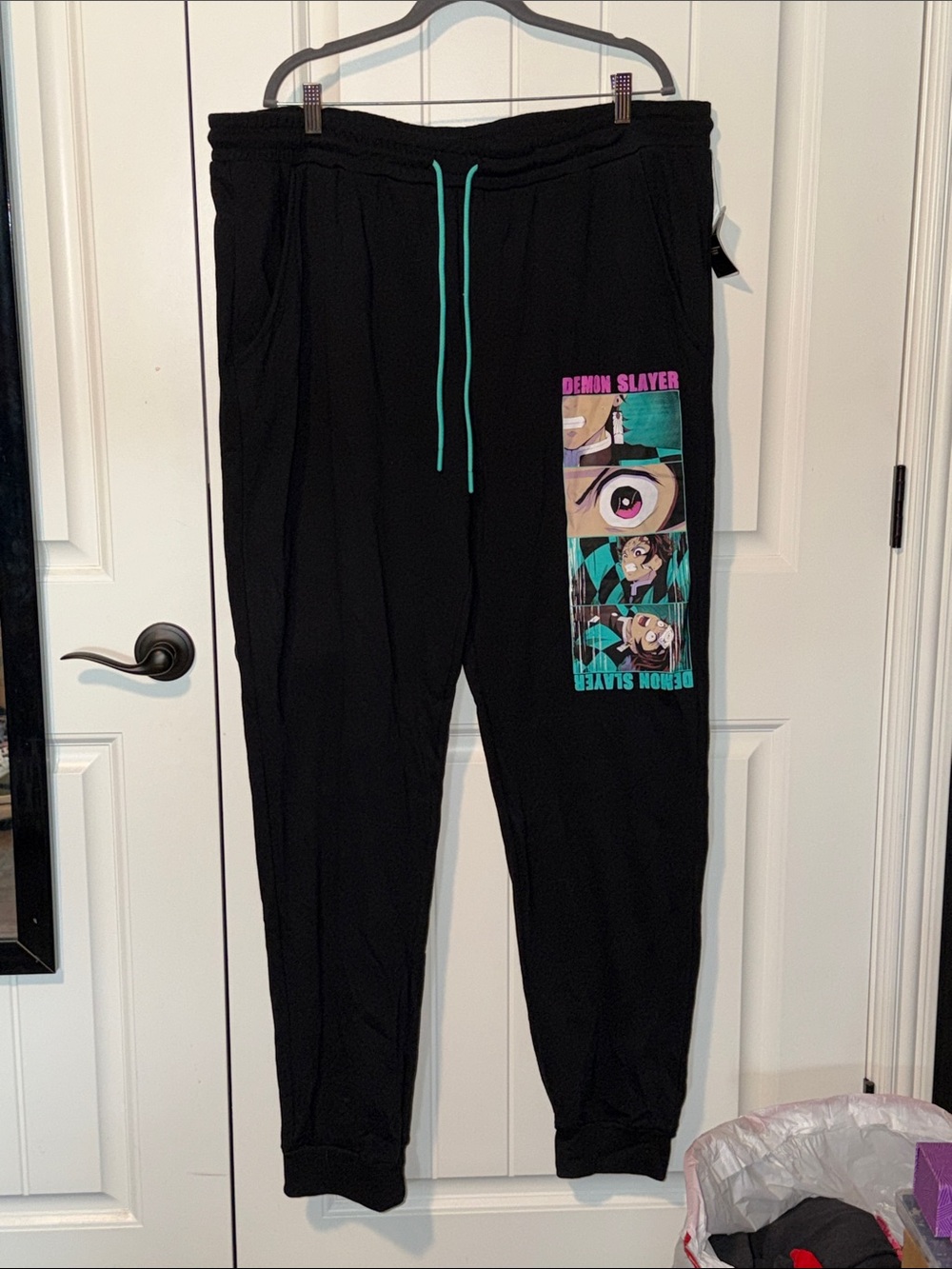 Demon Slayer Black Graphic Jogger Pants with Teal Drawstring
